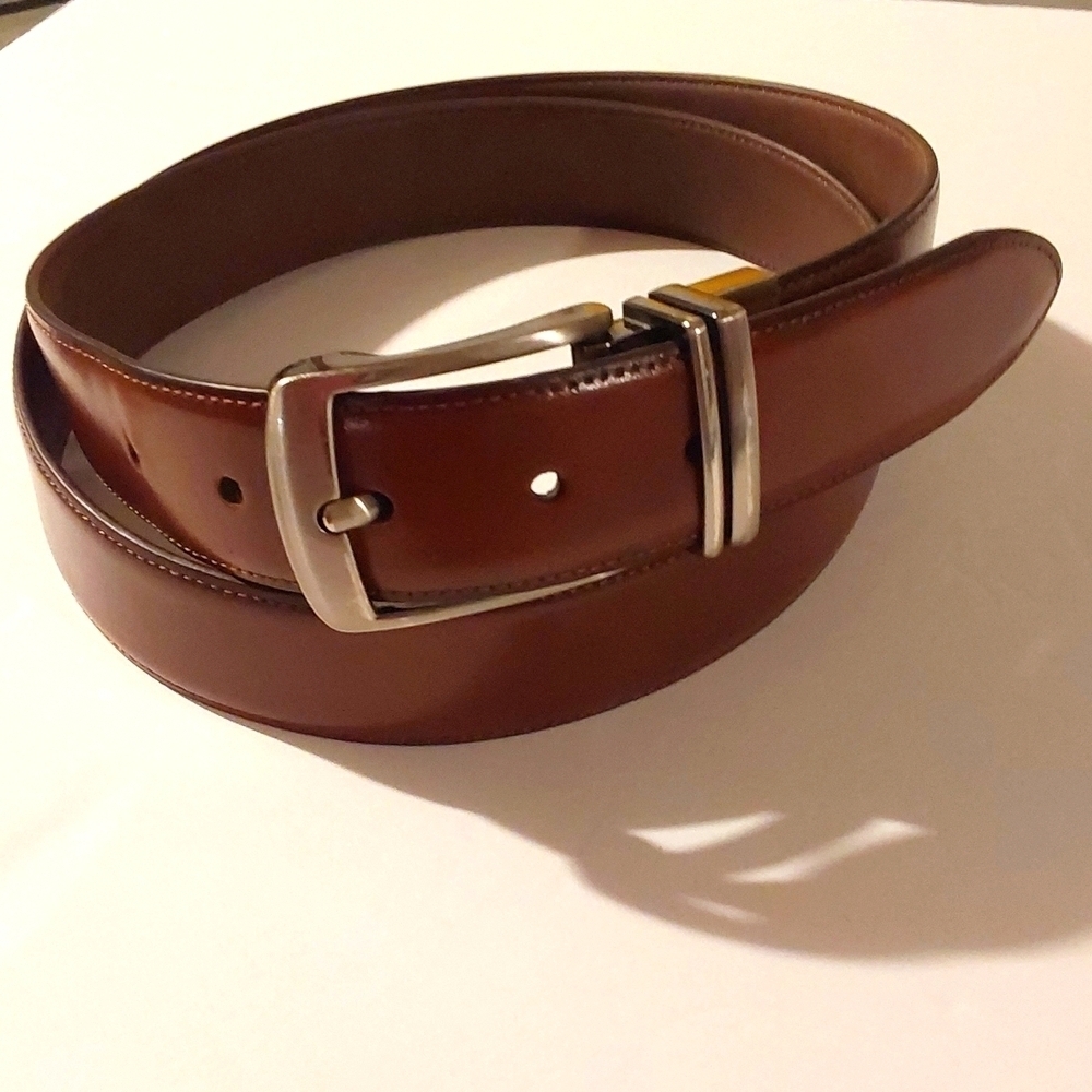 Boconi Mens Brown Cognac Premium leather Reverse Belt Silver Buckle Luxury 42
